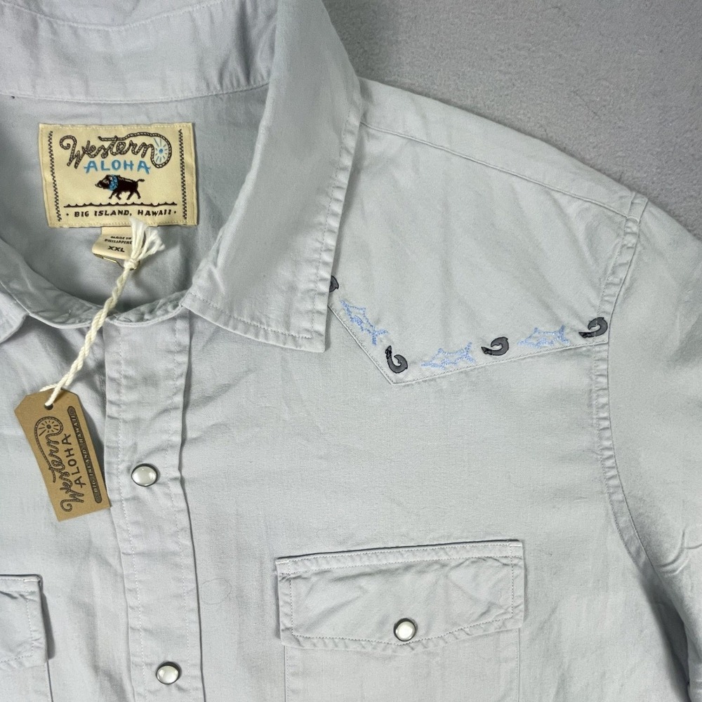 Western Aloha Shirt Mens XXL Gray Marlin Embroidered Western Snap NEW - Picture 4 of 13